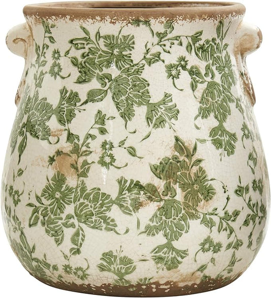 Nearly Natural 10in Ceramic Decorative Vase, Tuscan Style Green Scroll Design for Indoor Home Shelf Table Decor