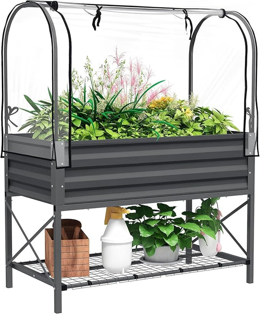 Outsunny Raised Garden Bed with Cover and Storage Shelf, Rectangular Metal Elevated Planter Box with Legs and Bed Liner for Vegetables, Flowers, Herbs, Dark Gray