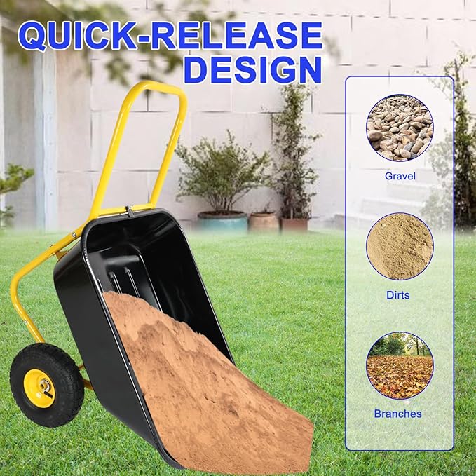 Two-Wheeled Barrow, Garden Cart, 10-Inch Pneumatic Wheels (Yellow + Black) Yellow+Black High Load Bearing Stability Garden, Warehouse Use