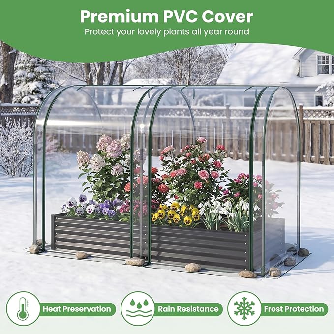 Giantex Galvanized Raised Garden Bed with Greenhouse Cover, 6x3x1 FT Outdoor Metal Oval Tall Planter Box with 2 Roll-up Windows, Clear PVC Mini Greenhouse for Vegetables Flowers Herbs Patio (Black)