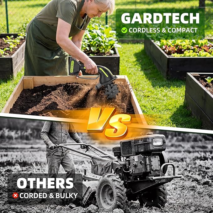 GARDTECH 21V Cordless Tiller Cultivator, 235RPM Electric Hand Tiller with 2×2.0Ah Batteries, 4" Tilling Width & Depth, Powerful Mini Garden Tiller for Gardening, Raised Bed & Soil Loosening
