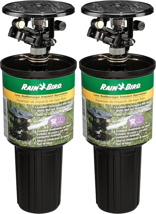 Rain Bird LG-3 Low Gallonage Pop-up Impact Lawn Sprinkler, Adjustable 20° - 360° Pattern, 26' - 41' Spray Distance, Black (Pack of 2)