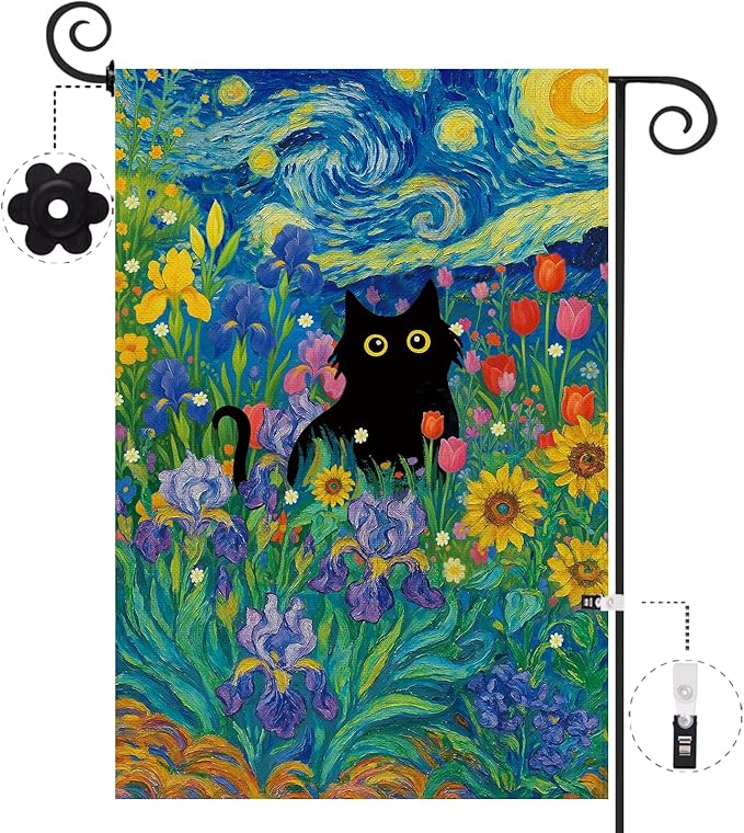 Baccessor Spring Summer Black Cat Garden Flag Double Sided 12.5 x 18 Inch Burlap with Clip and Stopper,Starry Night Flowers Flag Yard Lawn Seasonal Farmhouse Outside Outdoor Decoration