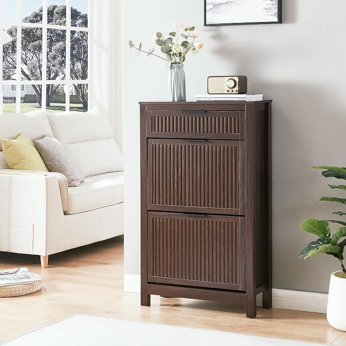 2-Flip Drawer Shoe Cabinet Narrow Entryway Rack, Brown