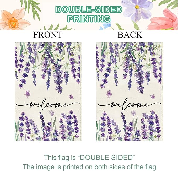 Baccessor Spring Summer Welcome Floral Garden Flag 12.5 x 18 Inch Double Sided Burlap Lavender Purple Flower Farmhouse Easter Small Yard Flag Holiday Seasonal Outdoor Outside Decoration