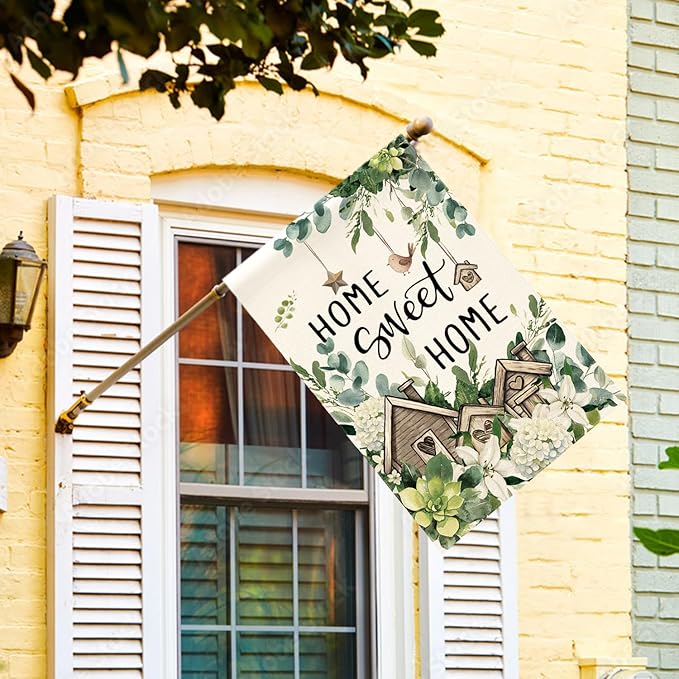 AVOIN colorlife Home Sweet Home Birdhouse Spring Floral House Flag 28x40 Inch Double Sided Outside, Eucalyptus Flowers Seasonal Yard Outdoor Flag