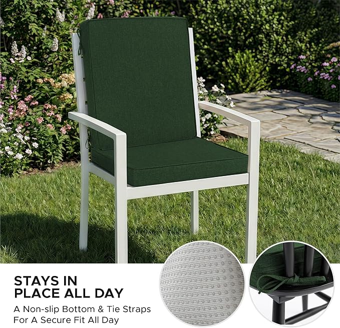 Outdoor Chair Cushions, Water-Resistant & Fade-Resistant, Patio Furniture Lawn Dining Chair Seat Replacement with Mid Back, Ties Zipper, Removable Cover, 18 x 16.5 Inch, Set of 2, Olive Green