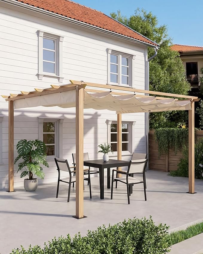 10' X 10' Faux Wood Grain Aluminum Outdoor Retractable Pergola Canopy, Patio Pergola Outdoor Pergola with Sun Shade Canopy, Metal Gazebo with Adjustable Canopy Roof for Backyard Beach, Beige