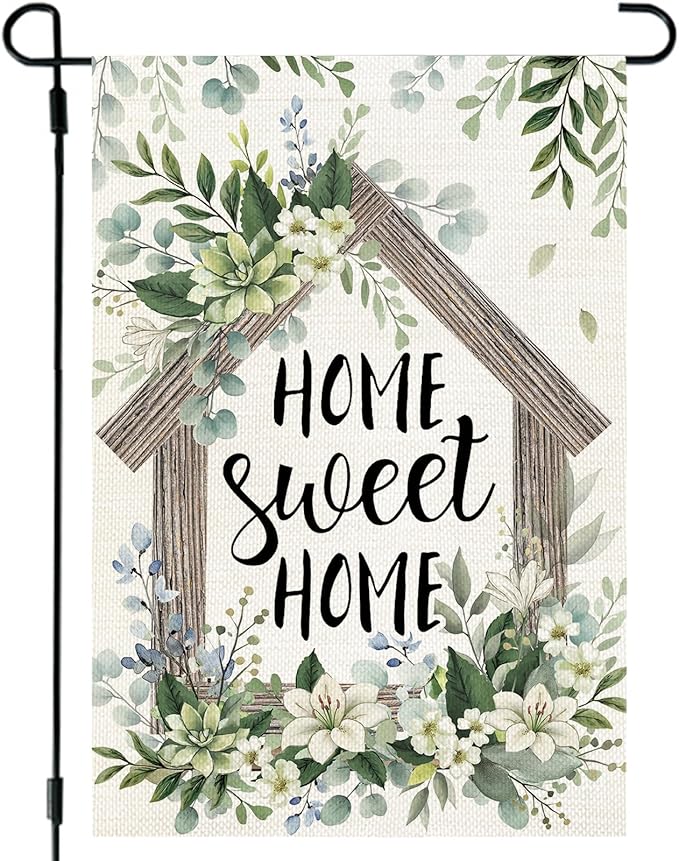 CROWNED BEAUTY Spring Home Sweet Home Garden Flag Eucalyptus Welcome 12x18 Inch Double Sided Small Floral Seasonal Holiday Decoration for Outdoor Lawn Yard