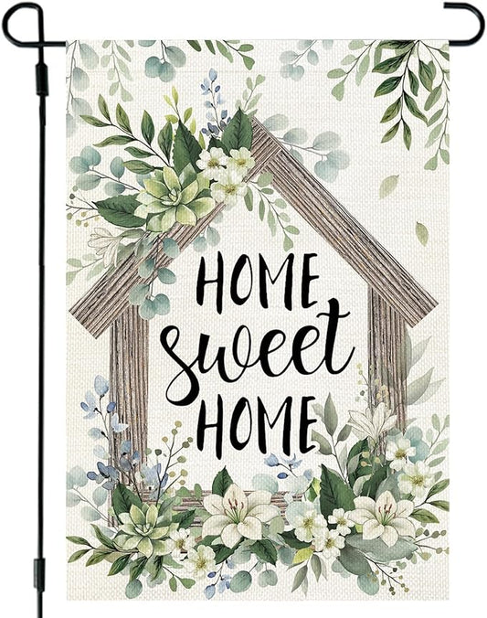 CROWNED BEAUTY Spring Home Sweet Home Garden Flag Eucalyptus Welcome 12x18 Inch Double Sided Small Floral Seasonal Holiday Decoration for Outdoor Lawn Yard