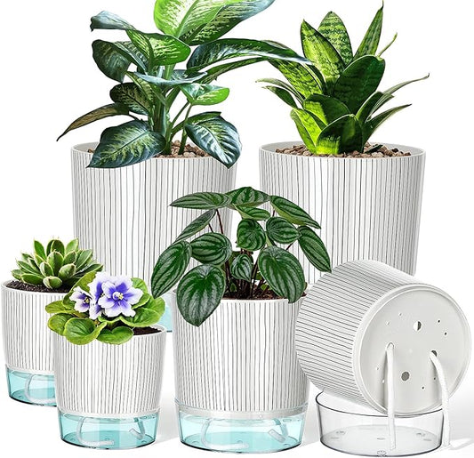 6 Pack Self Watering Pots for Indoor Plants, 4+5.5+6.3 Inch Self Watering Plant Pots Set, Flower Pots with Wick Rope and Reservoir for African Violet, Spider Plant, Orchid