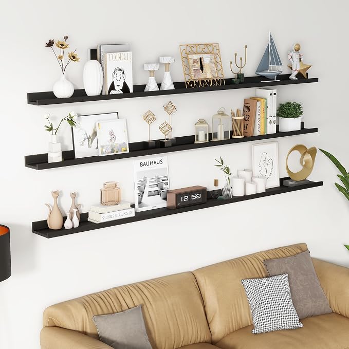 Axeman Picture Ledge Shelf, 72 Inch Black Floating Shelves Set of 3