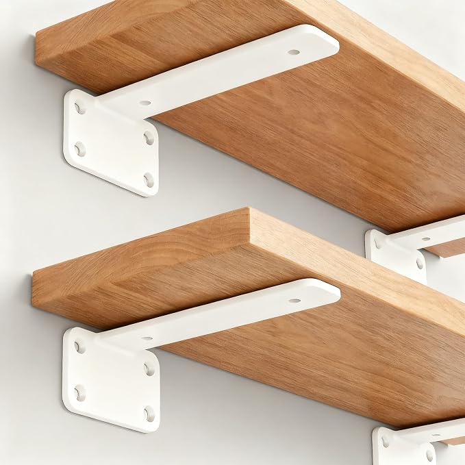 6 Pack - 8 inch White Hidden L Shelf Bracket (1/5 Inch Thicked) Iron Floating Shelf Brackets Rustic Industrial Metal Brackets for Shelf Support