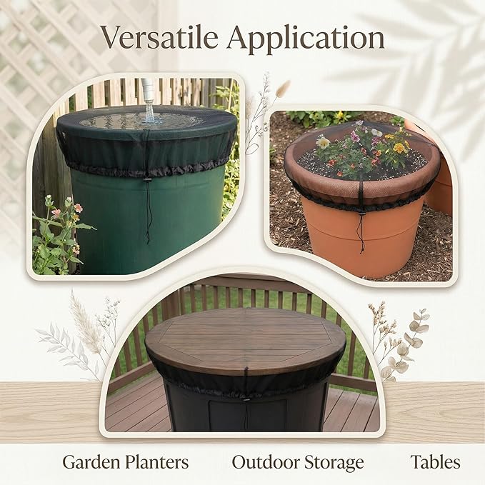 2PCS 39’’ Mesh Cover for Rain Barrel with Drawstring Water Collection Buckets Tank Net Cover Rain Barrels Protector for Preventing Fallen Leaves in Outdoor Garden Eaves(Black)