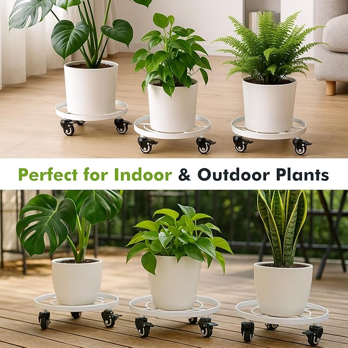 3 Packs Large Metal Plant Caddy 12.6 Inches Plant Dolly with Wheels Heavy-duty Rolling Wheeled Plant Stand with Casters for Indoor Outdoor Plant Dolly Mover Rollers Coasters White, Strong Load Capacity