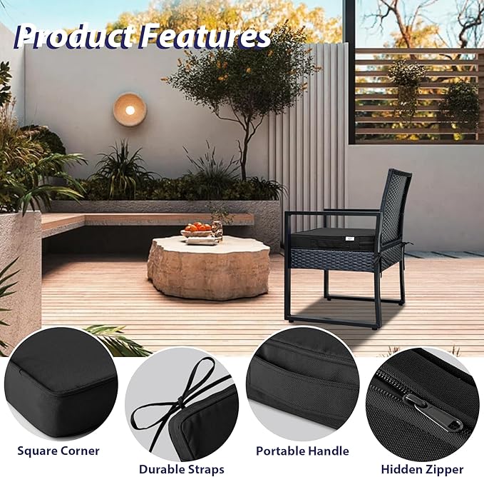IPYNBAP Outdoor Chair Cushions Set of 4,Waterproof Outdoor Seat Cushions for Patio Furniture,Patio Chair Cushion with Handle and Ties, Square Out Door Chair Pads,17" x 16" x 2", Black