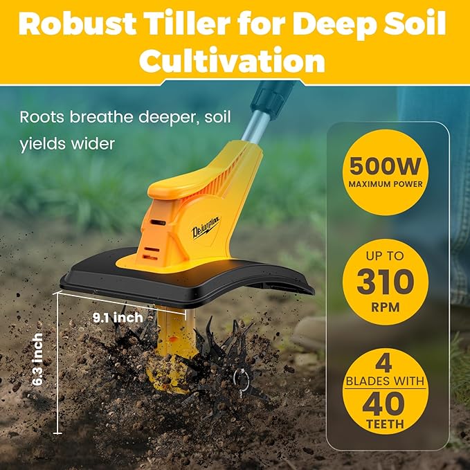 Cordless Electric Garden Tiller Cultivator Compatible with Dewalt 20V Battery(Tool Only), Folding Electric Rototiller Features 40 Steel Tines 310RPM, Yellow