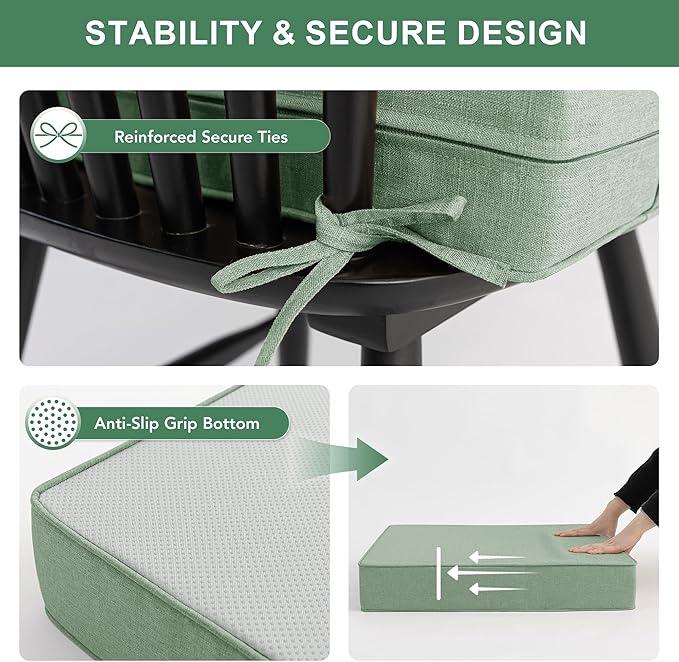 Summsun Outdoor Cushions for Patio Furniture, Faux Linen Water Resistant Backrest and Deep Seat Cushion Set with Removable Cover, Straps, Non-Slip Bottom, 24 x 24 Inch, Sage Green