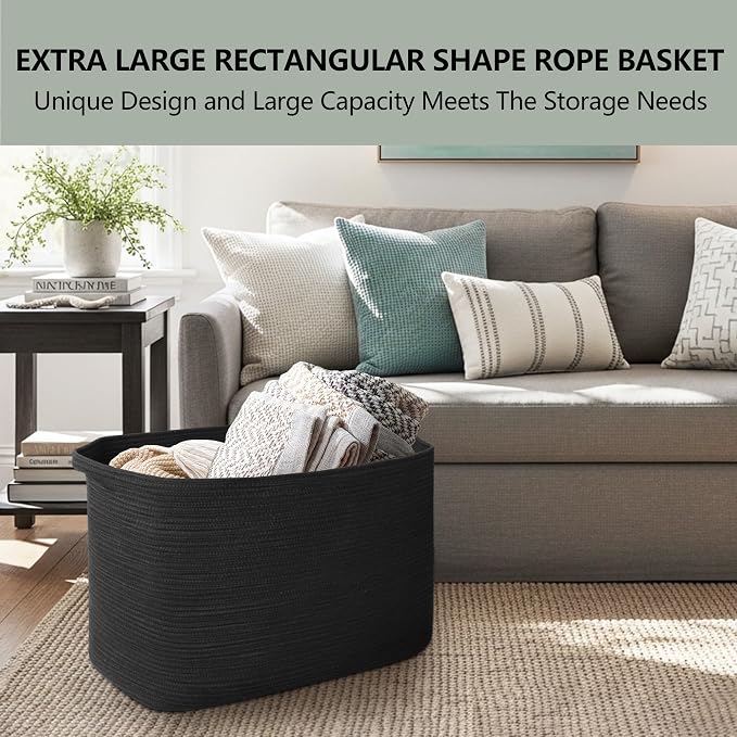 MEGASKET 108L Extra Large Storage Basket, 25" x 16" x 16" Black Blanket Basket Living Room, Oversized Cotton Rope Blanket Storage, Woven Kids Dog Toy Bin Box Organizer, Laundry Shoes Towel Bin, Black