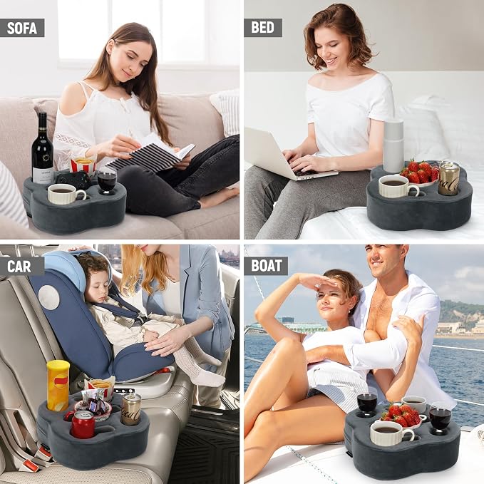 Couch Cup Holder Pillow, Sofa Organizer Caddy, Grey, 12x12x3.7Inch | Tray Pillow, Sofa Pillow Drink Tray Bed Refreshment Caddy for iPad, Drinks, Remotes, Phones, Snacks, Removable, Washable