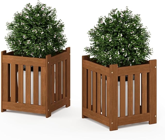 Furinno TIOMAN Planter Box Set of 2, Hardwood Flower Box, Cube Garden Box, in Teak Oil, Outdoor Indoor, Garden, Patio, Balcony, Light Wood