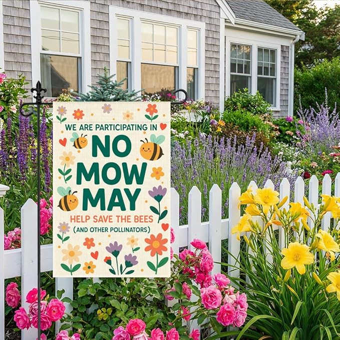 We are Participating in No Mow May Help Save the Bees Garden Flag, 12 x 18 Inch Double Sided Bee Floral Outdoor Yard Decor, Save The Bees Yard Sign for Beekeeper Pollinator Advocate Gardener