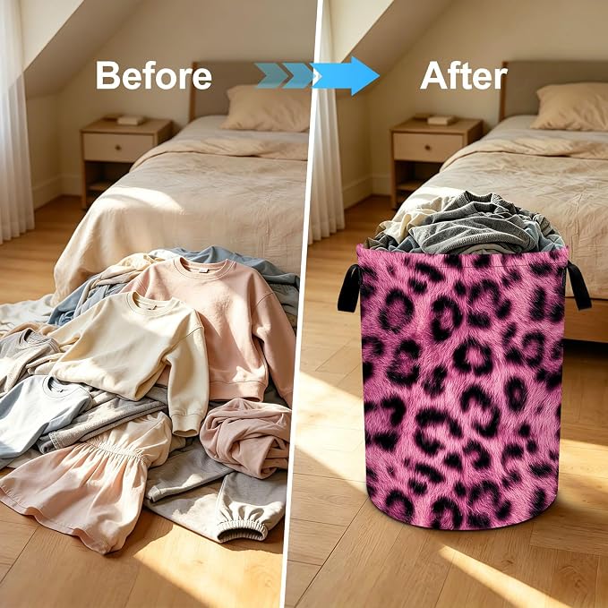 Pink Leopard Laundry Basket Collapsible Oxford Laundry Hamper Clothes Storage Bin with Handles for Bedroom Bathroom Laundry Room 19.6 x 15.7 Inches