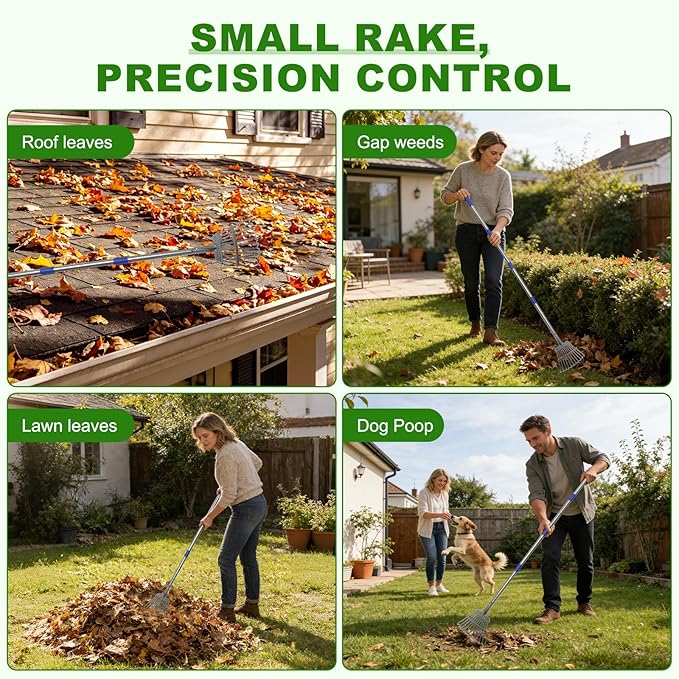 Garden Rake for Leaves, Heavy-Duty Small Metal Rake for Lawn, Yard, Garden Beds, Debris & Shrubs, 6 ft Adjustable Handle for Kids and Adults