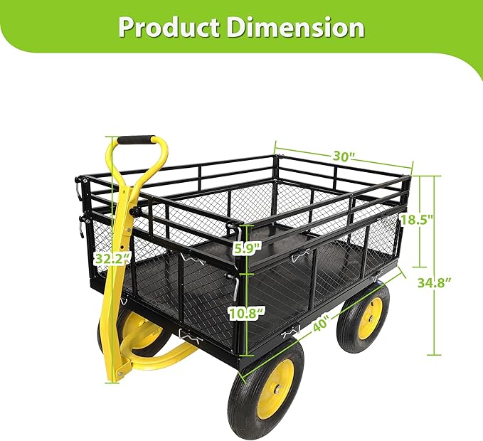 Wheelbarrow Cart, Utility Garden Wagon Dump Cart, 1400 lbs Capacity, 2-in-1 Handle and 16 in Tires Heavy Duty Yard Dump Wagon with Steel Frame for Farm, Garden,Black