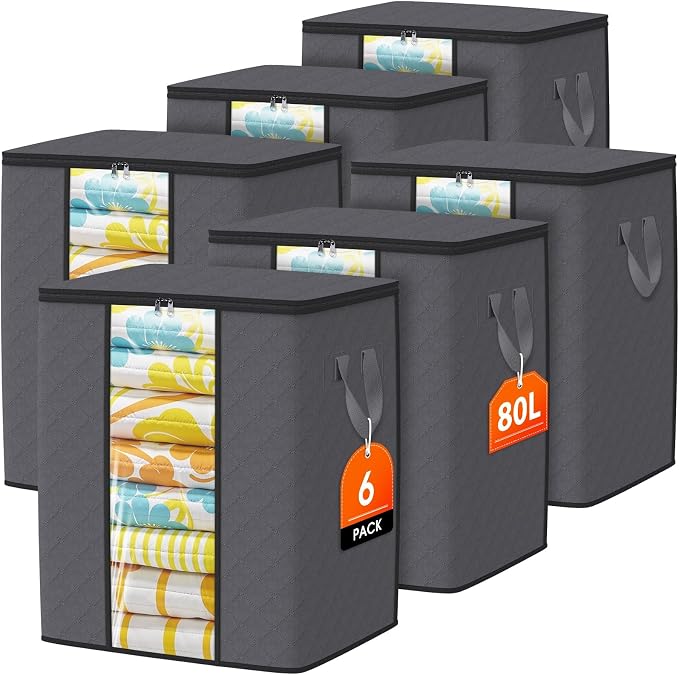 6 Pack Clothes Storage Bags 80L Blanket Storage Containers with Window Grey