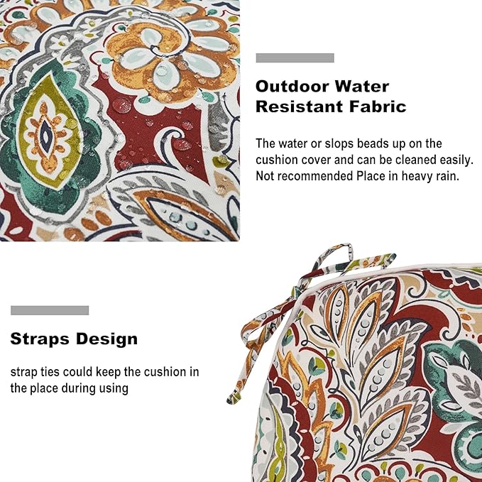 DYTXIII Set of 2 Outdoor Chair Cushions with Ties, Water Repellent Patio Chair Pads 17"x 16" for Outdoor Furniture, Round Corner Seat Cushions for Garden Yard Kitchen Paisley Chilli