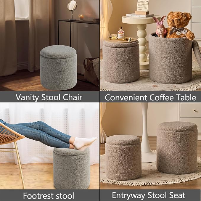 BLEXA Round Ottoman with Storage Set of 2 Gray Sherpa Vanity Stool | Multifunctional Ottomans Coffee Table Padded Seat Foot Rest for Living Room & Bedroom (Sherpa Gray)