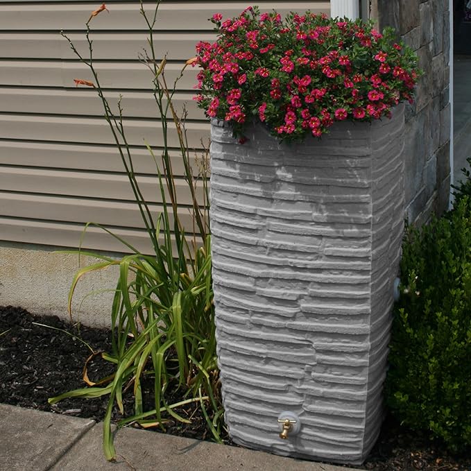 Good Ideas Impressions Riverwalk 50 Gallon Faux Slate Surface Dual Spigot Rain Barrel with 2 Brass Spigots and Screen, Light Granite (2 Pack)