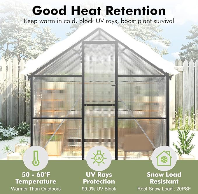 6×7.5FT Greenhouse for Outdoors, Walk-in Greenhouse and Winter Garden Planting, Polycarbonate Greenhouse with Electronic Thermometers, Withstands Strong Wind or Snow to Protect Vegetable or Plants