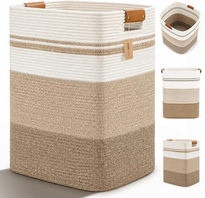 Laundry Hamper, Cotton Rope Laundry Basket with Leather Handles, 22.5-Gallon/85 L Large Clothes Hampers for Laundry, Woven Laundry Baskets for Blankets, Clothing, Bedroom, Living Room, Nursery