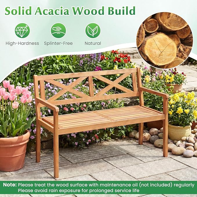 Tangkula Acacia Wood Outdoor Loveseat Bench, 2-Person Patio Garden Bench with Armrests & Backrest, Slatted Wooden Outside Seating Furniture for Backyard, Porch, Deck (X-Shaped Backrest)