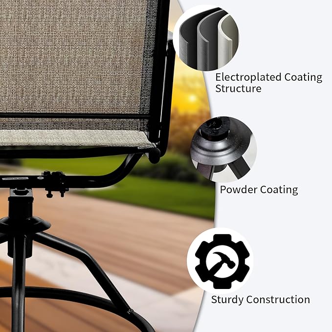 SHGJ&SOFT Patio Swivel Chairs, Waterproof Outdoor Dining Chairs with All-Weather Textilene Mesh for Deck, Garden, and Backyard (Patterned Backrest-Brown, Set of 2)