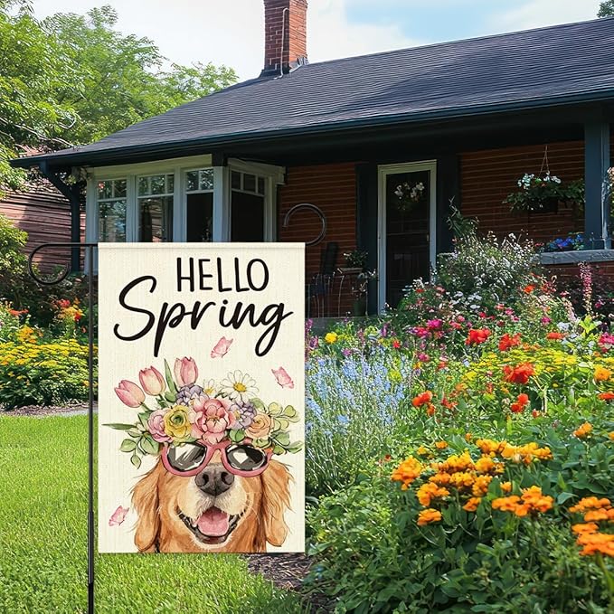 Hello Spring Flags for Outside,Golden Retriever Garden Flag for Yard Patio Lawn Decoration,12x18 Inch Double Sided