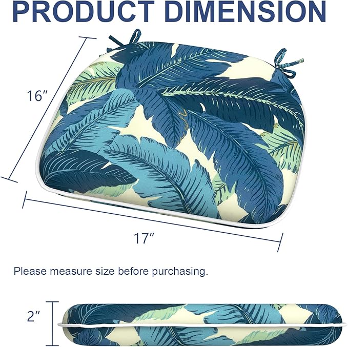 Outdoor Chair Cushions Set of 2, Water Resistant Patio Chair Pads with Ties, Seat Cushions for Home Garden Furniture Decoration, 16"x17", Swaying Palms Blue