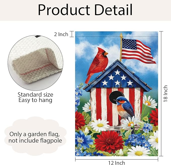 Patriotic 4th of July Garden Flag 12×18 Inch Double Sided Outside, Cardinal Birdhouse Flower Memorial Day Independence Day Burlap Yard Flag Holiday Outdoor Decor