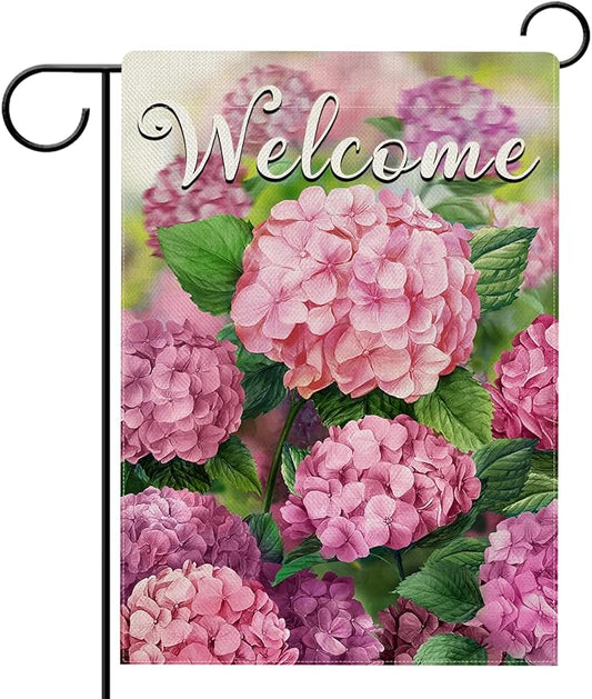 Hzppyz Welcome Spring Summer Hydrangea Garden Flag Double Sided, Pink Floral Flower Decorative Yard Outdoor Home Small Decor, Seasonal Burlap Outside House Decoration 12 x 18