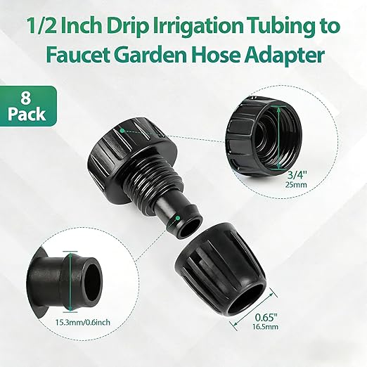 RedChili 8 Pcs 1/2 Inch Drip Irrigation Tubing To Faucet/Garden Hose Adapter, 3/4" FHT To 1/2" (1/2" ID x0.6-0.65" OD) Drip Irrigation Fittings Female Garden Hose Water Line System Connector
