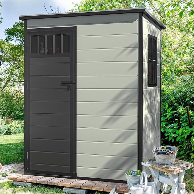 DWVO Outdoor Storage Shed 5x3FT with Fence-Style and Side Windows, Floor & Lockable Doors, Plastic Storage Shed, Storage Shed for Backyard and Garden