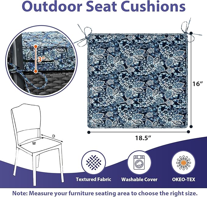 IPYNBAP Outdoor Chair Cushions Set of 4,Waterproof Outdoor Seat Cushions for Patio Furniture,Patio Chair Cushion with Handle and Ties, Out Door Chair Pads,18.5" x 16" x 3", Green Paisley