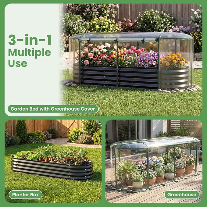 Giantex Raised Garden Bed w/Greenhouse Cover, Outdoor Oval Metal Steel Planter Box w/Roll-up Window, Clear PVC Mini Greenhouse for Vegetables Flowers Herbs Outdoor Patio Gardening, 6x2x1 FT (Black)