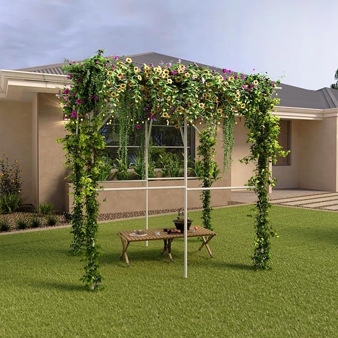 79'' L x 59'' W x 79'' H Grape Vine Support Arch Arbor Arbour Gazebo Trellis Rack Pergola Plastic-coated Metal Climbing Cane Frame For Vineyard Outdoor Patio Lawn Yard Garden Decoration White