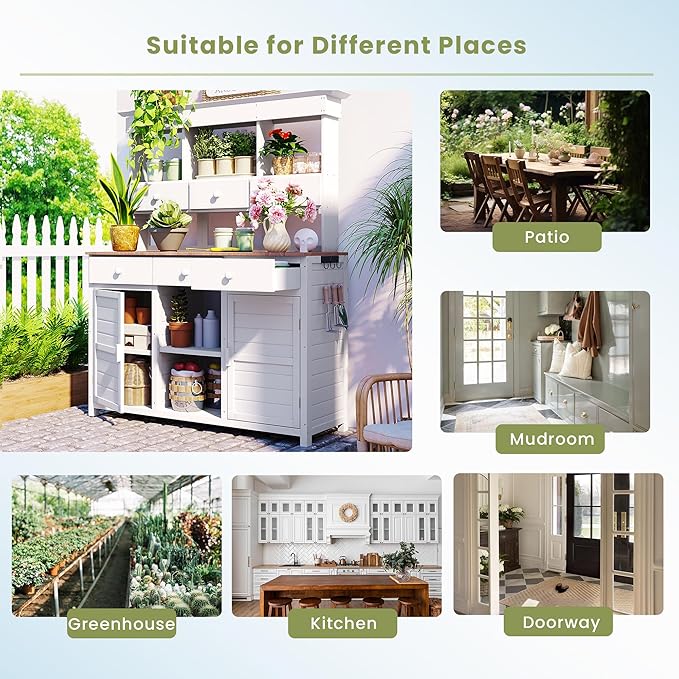 RUNNA 65.7'' H Tall Garden Potting Bench Table with Hutch,Patio Storage Workstation with 3 Shelves,6 Drawers,2 Bottom Cabinets&Side Hooks for Mudroom,Doorway (White@024, 65.7)