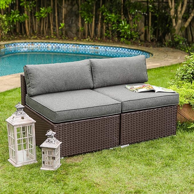 COSIEST 2-Piece Outdoor Furniture Add-on Armless Chairs for Expanding Chocolate Brown Wicker Sectional Sofa Set w Dark Grey Thick Cushions for Garden, Pool, Backyard