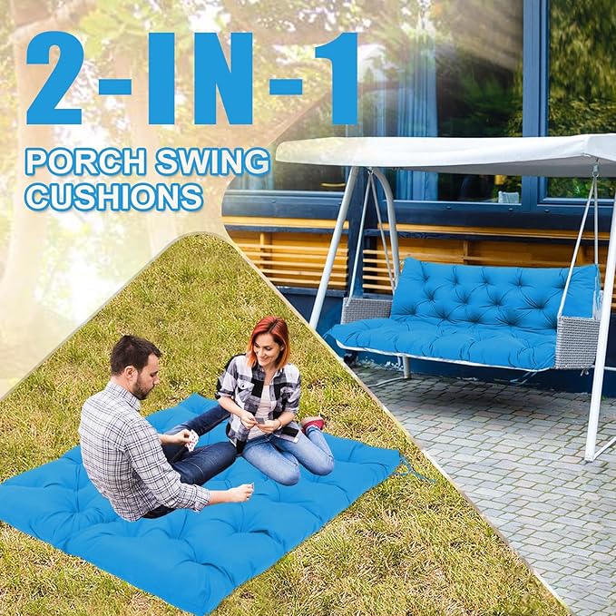Outdoor Swing Cushions 3 Seater Waterproof Extra Thick 5 inch Porch Swing Cushions Outdoor 58 inch with Backrest & 8 Ties Not Easy to Fade Swing Cushion for Outdoor Furniture Patio Bench