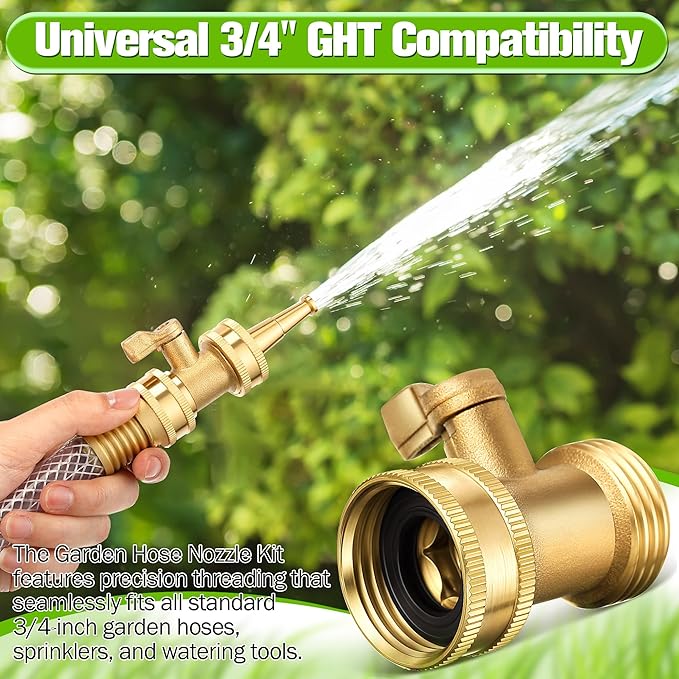 4 Pcs Garden Hose Nozzle Kit, 4" Brass Adjustable Twist Nozzle, Jet High Pressure Sprayer, Brass Shut Off Valve with 10 Rubber Washers, 3/4" GHT Connector for Sprinkler(High Pressure,2 in)